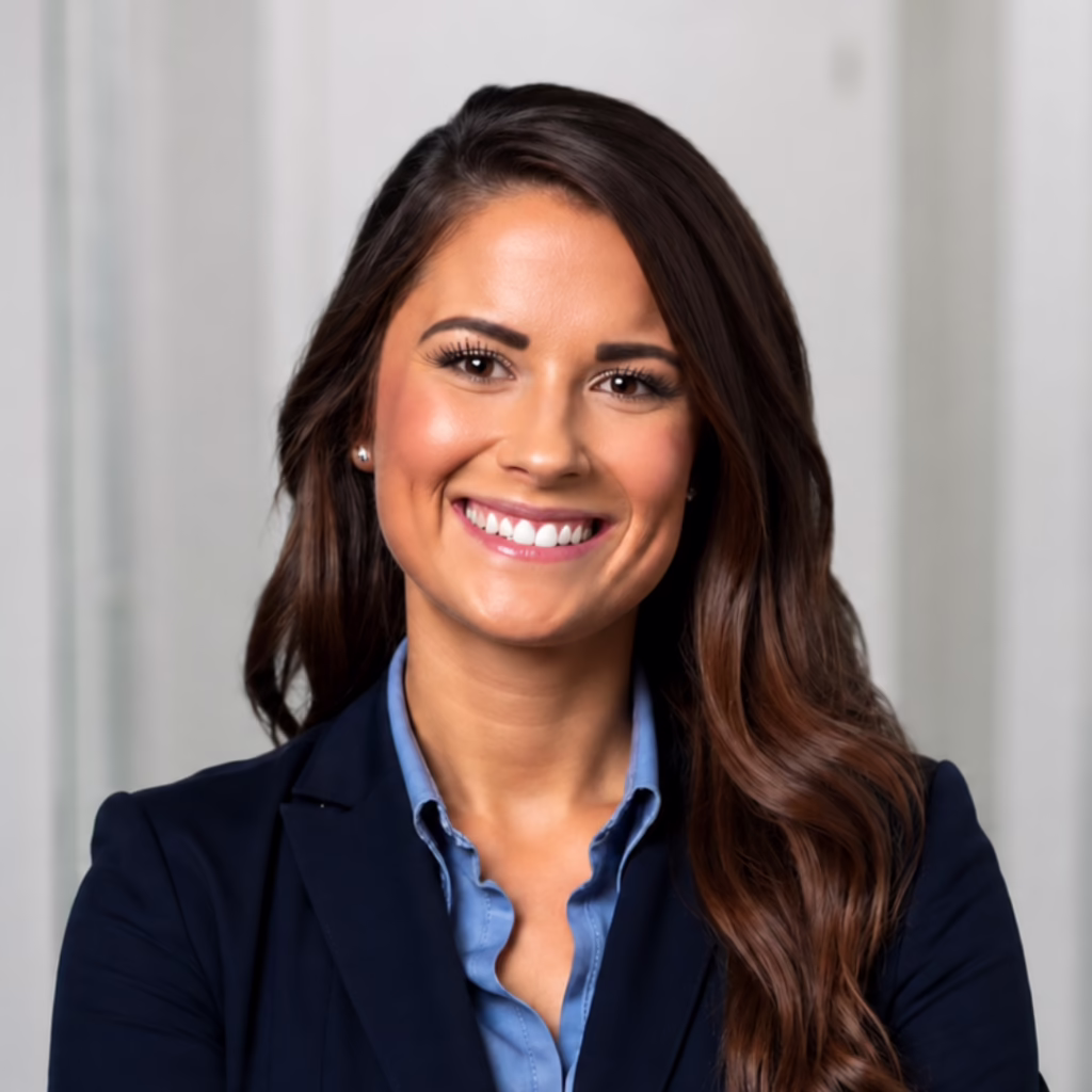 Headshot of a smiling woman with long brown hair wearing a navy blazer and light blue blouse